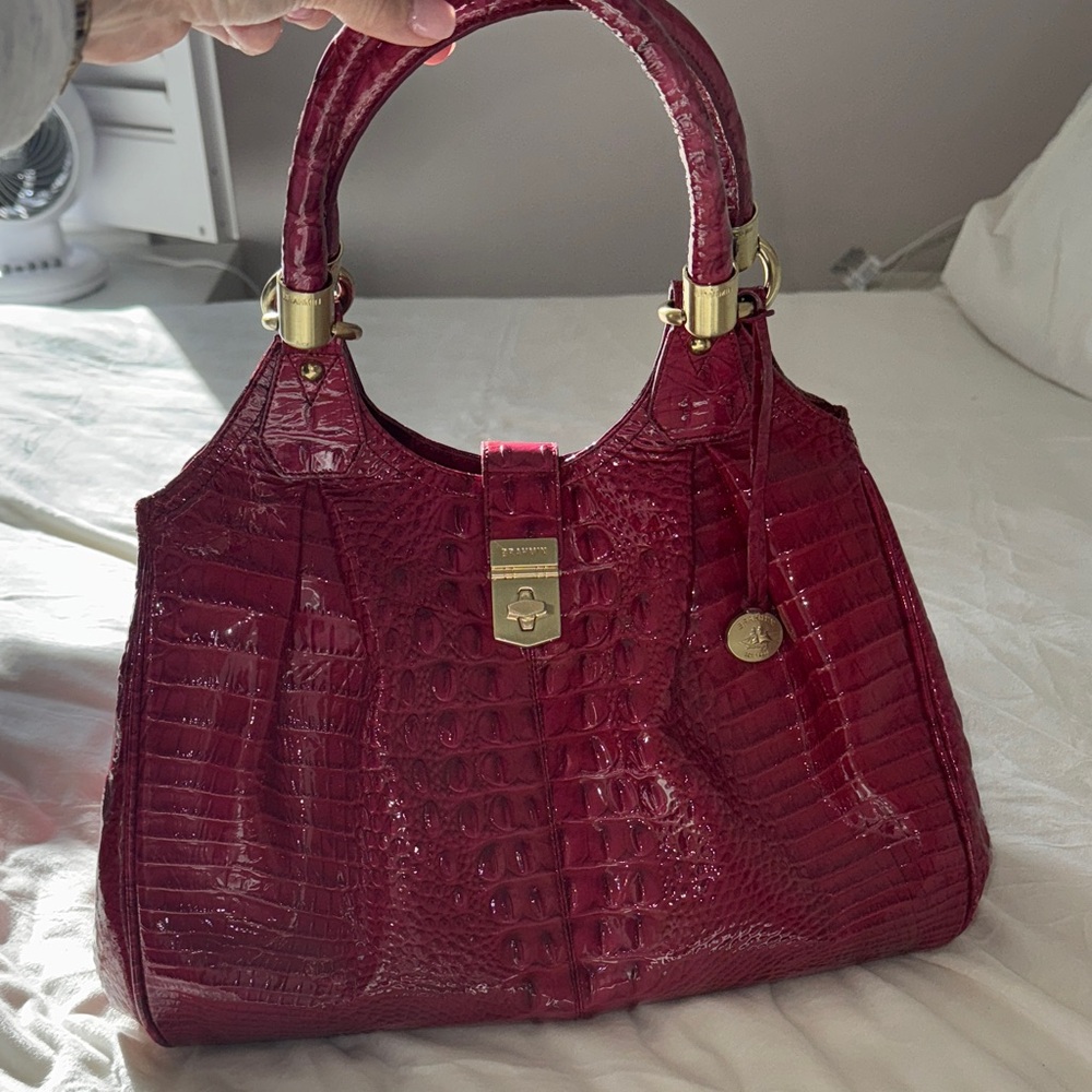 Elegant Brahmin Crocodile-Embossed Elisa Melbourne Hobo Handbag Raspberry w Gold